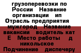 грузоперевозки по России › Название организации ­ ип › Отрасль предприятия ­ мужгород › Название вакансии ­ водитель кат. Е › Место работы ­  д.никольское › Подчинение ­ диспечеру › Минимальный оклад ­ 60 000 › Максимальный оклад ­ 850 000 › Возраст от ­ 35 › Возраст до ­ 50 - Московская обл., Дмитровский р-н, Никольское д. Работа » Вакансии   